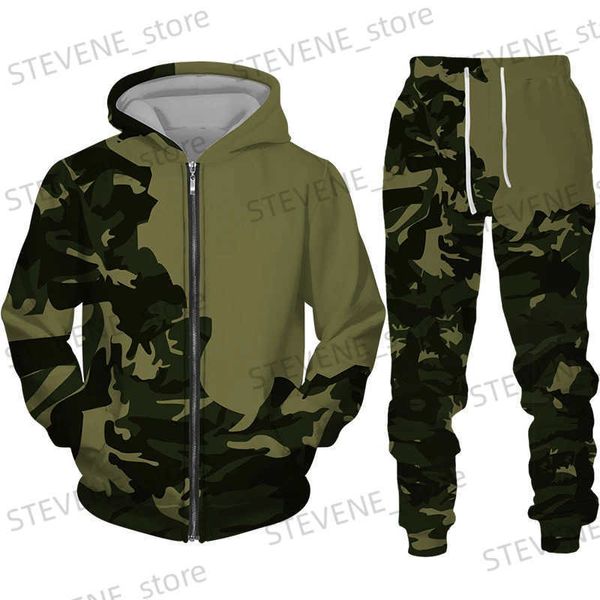 Tute da uomo Moda Camouflage Stampa Cerniera da uomo Felpa con cappuccio/Pantaloni/Tuta da esterno Abbigliamento sportivo militare Tuta Set Casual Caccia Abbigliamento da campeggio T231122