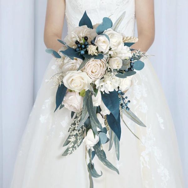 Fiori da sposa Blu pavone Champagne Rose Drops Bouquet da sposa Abito da viaggio Pografia Puntelli Forniture Fiore