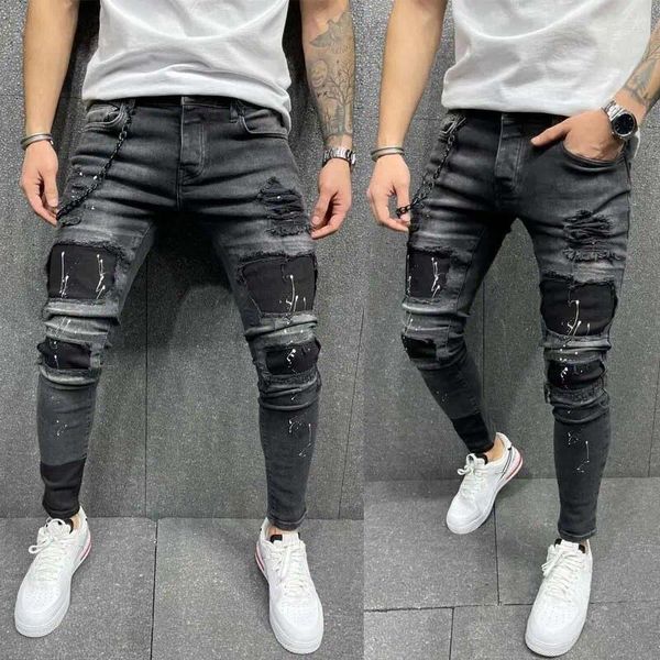 Jeans masculinos plus size S-3XL homens rasgados primavera outono moda casual lavado buraco magro lápis longo calças jeans hip hop