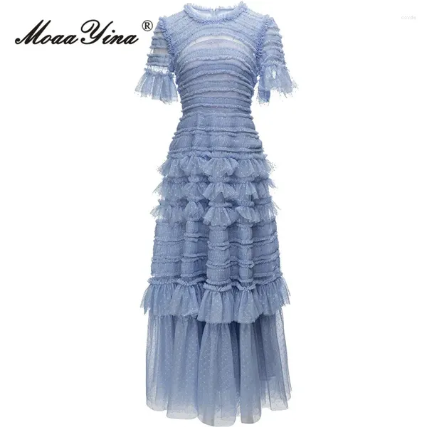 Vestidos casuais moaayina verão designer de moda luz azul vintage malha vestido feminino o-pescoço cintura alta em cascata babados bolinhas longas