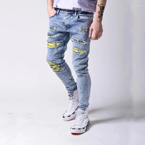 Calças de brim masculinas moda rasgado retalhos outono juventude masculino casual elástico lápis calças streetwear meninos fino ajuste azul denim calças