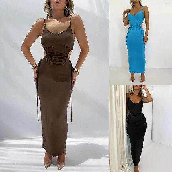 Lässige Kleider, Persönlichkeit, Hosenträger, ausgehöhlter Kordelzug, sexy Kleid mit V-Ausschnitt, einfaches und exquisites Design, süßer Winter für Damen