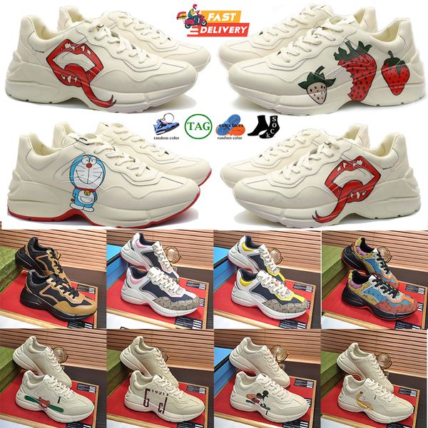 Tasarımcı Rhyton Luxury Spor Tabakaları Erkek Kadın Eğitmenler En Kalite Vintage Baskı Chaussurs Platform Spor Sneaker Çilek Mouse Ağız Ayakkabı Kutulu