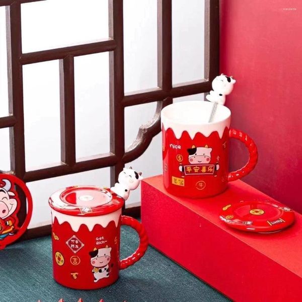 Canecas Lovol cerâmica alegre copo de leite vermelho bonito desenho animado presente fogo