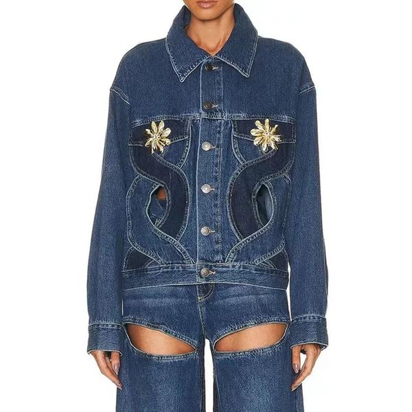 Giacche da donna Moda autunno Design personalizzato cavo Cappotti di jeans Fibbia in metallo Blocchi di colore Casual Punk Motor Biker Giubbotti 231121