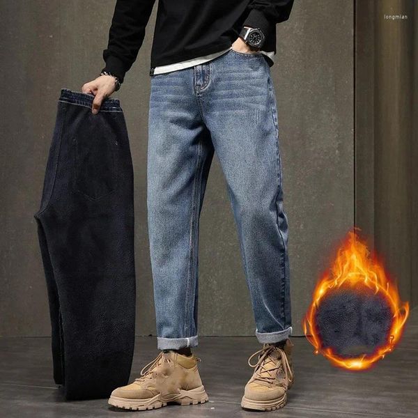 Jeans masculinos outono inverno homens magro casual vintage moda coreana bonito calças quentes masculino engrossar reta denim calças compridas