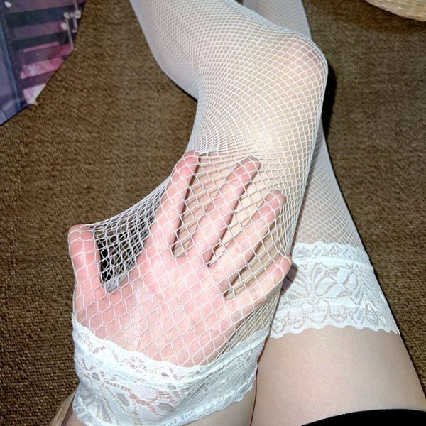 Silicone segurar renda superior coxa meias altas malha elástica fishnet meia-calça feminina sexy oco para fora roupa interior transparente