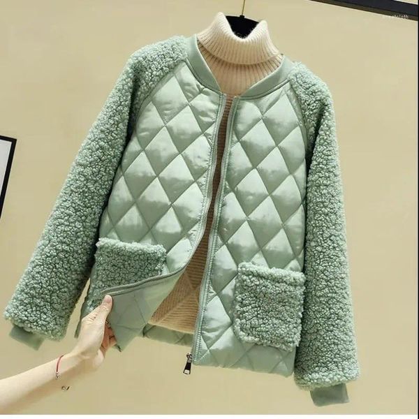 Damen Trenchcoats Herbst Winter Korean Trendy Streetwear Parkas Argyle Loose Casual Pufferjacke Lammwolle Patchwork Chic Reißverschluss Einzigartig