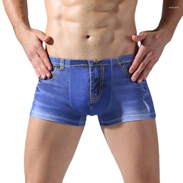 Трусы мужские, имитация джинсов, хлопковые сексуальные боксеры со средней талией для подростков, модные большие размеры