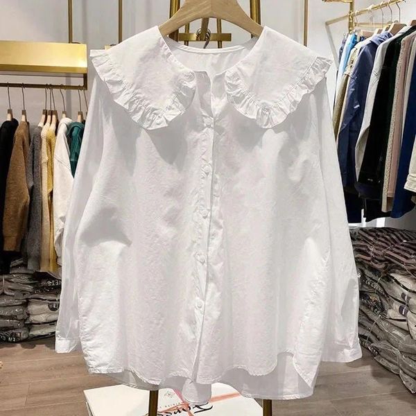 Blusas femininas de algodão camisa branca feminina 2023 primavera outono estilo coreano solto all-match blusa kawaii boneca colarinho baggy topos y2k ins