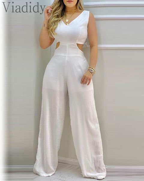 Damen Jumpsuits Strampler Frauen Sommer Volltonfarbe Ausschnitt Lace-up Open Back Jumpsuits Lässige Ärmellose Weite Bein Weiße Strampler 230422