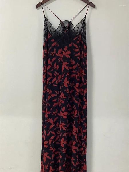 Vestidos casuais mulheres sling vestido vermelho impressão viscose renda costura sexy verão 2023 v-pescoço sem mangas midi robe para senhora