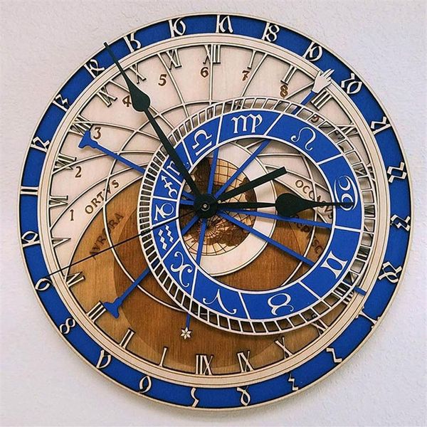 Prag Astronomische hölzerne große Wanduhr Home Decor Quarz Vintage Uhr 12 Größe Stille Wohnzimmer dekorative Hängeuhr T312J