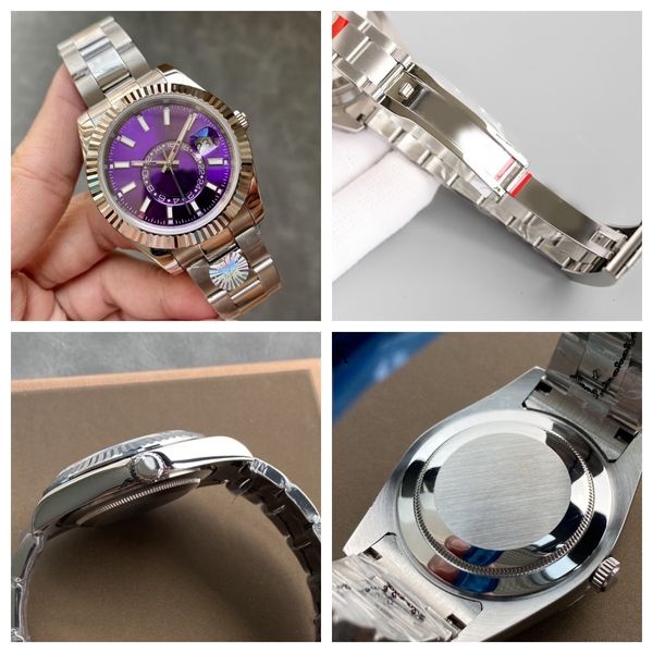 Mostrador roxo masculino, movimento mecânico automático, 42mm, função de rotação dupla, data, safira, à prova d'água, montre de luxo