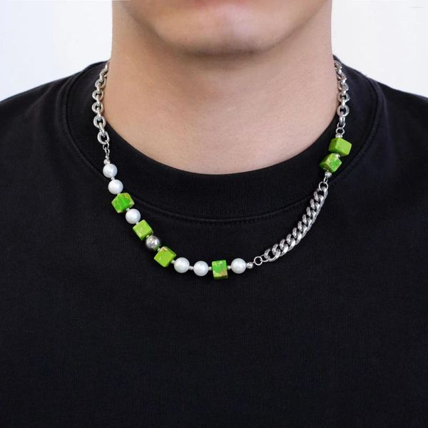 Collane con ciondolo Hip-hop Acciaio al titanio Verde Imperatore Pietra Splicing Collana di perline Fritillaria Design di perle Catena per maglione senso avanzato