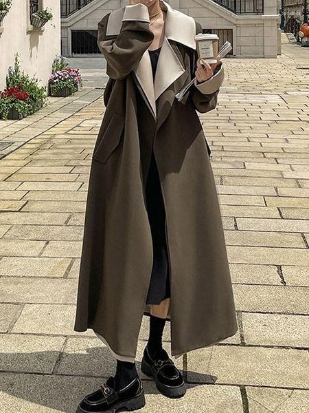 Trench da donna Cappotto lungo vintage Donna Autunno Inverno Giacca a vento Femminile Elegante moda Donna High Street Chic Soprabito con lacci