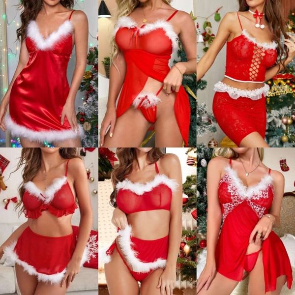 Plus size vermelho vestido de natal feminino sexy renda transparente lingerie de pelúcia boneca do bebê chemise camisolas eroitc cosplay trajes