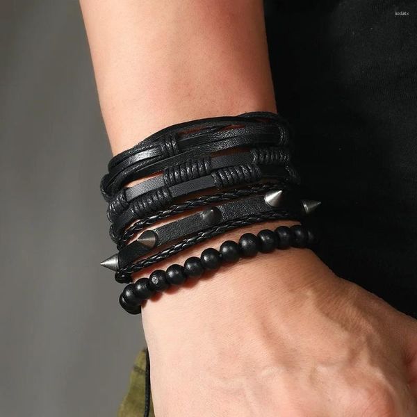 Charm Armbänder Punk 4 Teile/satz Spike Rock Leder Armband Für Männer Vintage Geflochtene Wrap Armband Seil Herren Perlen Schmuck