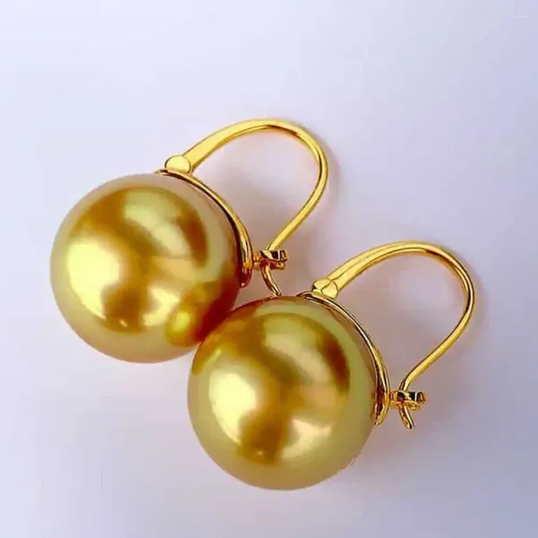 Brincos pendurados lindos 12mm concha de ouro pérola menina 18k gancho joias casamento carnaval festa sorte moda presentes de feriado diy natal