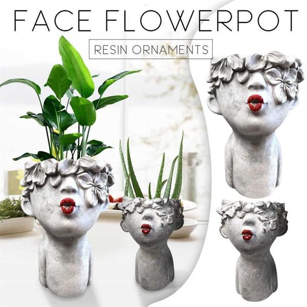 Pequeno beijo feminino vasos de flores pintados lábios cabeça vermelha estatuetas jardim plantador bonito vaso presente decoração para casa 210712303s