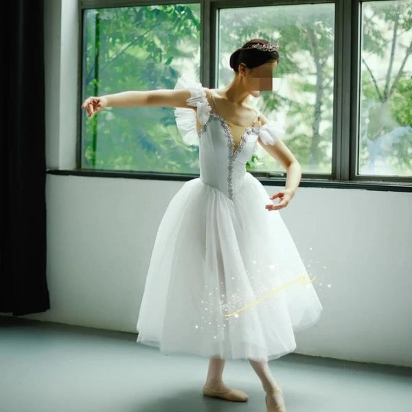 Palco desgaste ballet tutu saia desempenho branco adulto competição profissional vestido de dança fada longo traje meninas criança