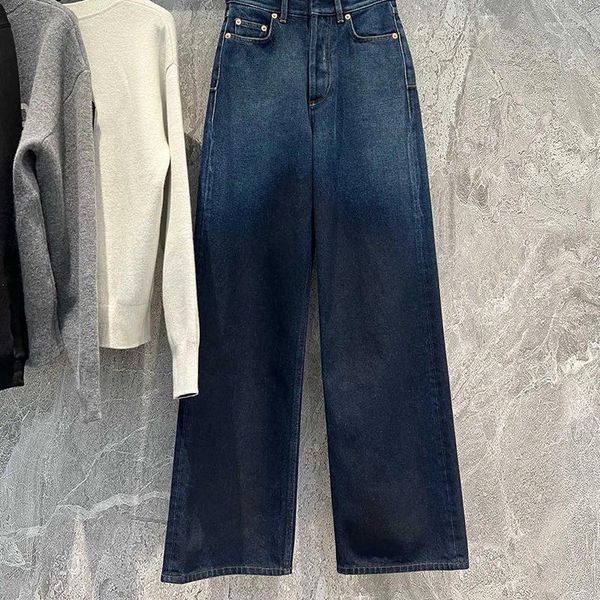 Pantaloni Jeans da donna Moda Vintage Sfumato Blu Lavato Pantaloni in denim di puro cotone A vita alta Allentati Casual Gamba larga 2023 Inverno