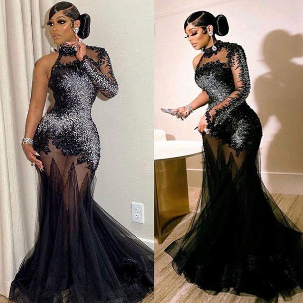 2023 Aso Ebi Abiti da ballo Nero Lussuoso Sirena Halter Backless See Through Maniche Tulle Africano Nigeria Pizzo Serata formale Festa Secondo ricevimento ST464