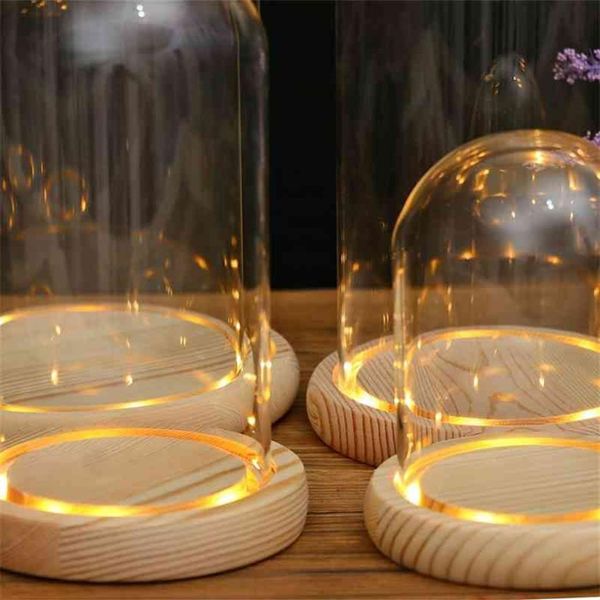 Cúpula de exibição de vidro transparente com base de madeira led micropaisagem casa de bonecas em miniatura suporte diy suporte de vaso de preservação de flores 210409270o