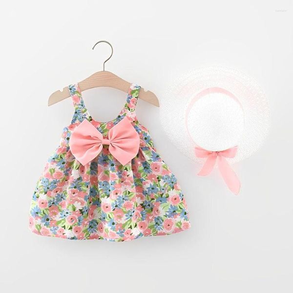 Mädchenkleider 2 Stück Sommer für Baby Mädchen Kleidung Sonnenhut niedlichen Bogen Blumendruck ärmellos 0 bis 3 Jahre Kinder Prinzessin Sommerkleid Sets