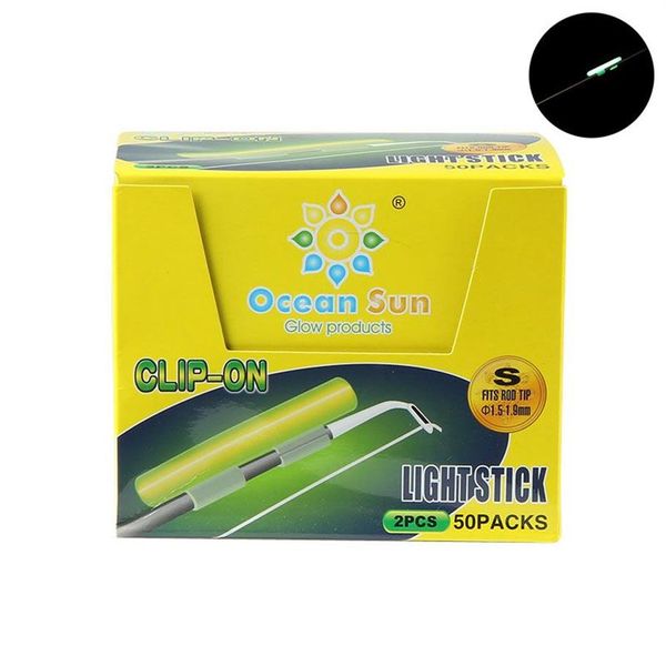 50 confezioni SS S M L Taglia Pesca notturna Luminosa luce fluorescente stick Snap Clip On Canna da pesca Punta Glow Stick Strumento luminoso FU011243E