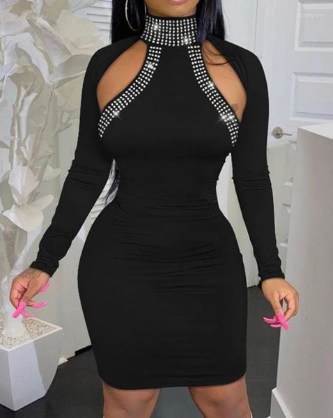 Vestidos casuais para mulheres preto 2023 Moda Decoração de stromestone Sexy Cutout Manga longa pescoço alto Bodycon Diário Diário Midi Dress