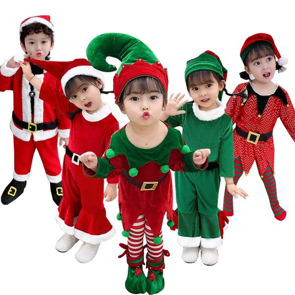 Conjuntos de roupas 2023 anos traje de elfo para crianças menina verde papai noel terno conjunto com chapéu crianças fantasia vestido de festa de natal desempenho 231122