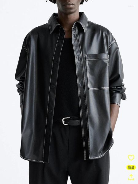Camisas casuais masculinas 2023 outono design blusa preto linha de luz decoração top grande bolso velo camisa de couro roupas casaco solto