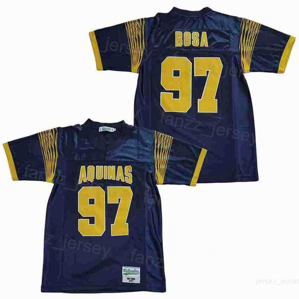 High School St Thomas Aquino Jerseys Football 97 Nick Bosa Moive Pullover de algodão puro respirável para fãs de esporte Team Hiphop Navy Blue College All Stitched se aposentou