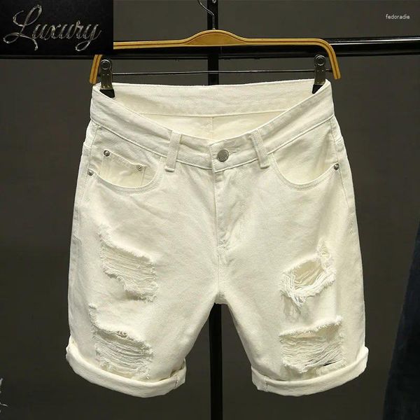 Shorts masculinos verão branco preto cáqui homens rasgados soltos jeans retos moda hip hop bermuda buracos casual denim carga