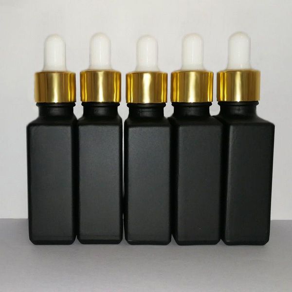 Bottiglie contagocce con pipetta reagente in vetro smerigliato nero da 30 ml Bottiglia di profumo di olio essenziale quadrato Oli di fumo e bottiglia liquida con tappo dorato Rvqmc