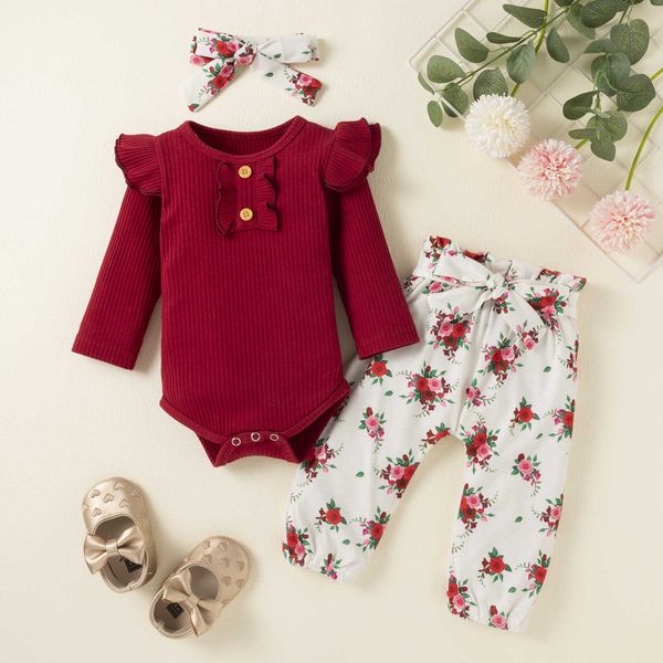 Neugeborenen Baby Mädchen Kleidung Sets Frühling Herbst Floral Rüschen Strampler Top und Hosen Stirnband Infant Kleidung Outfits Q231122