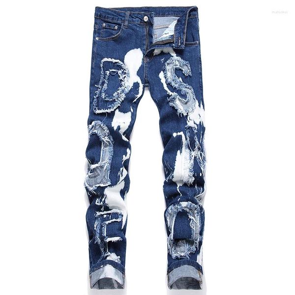 Calças de brim masculinas moda tendência magro estiramento azul carta remendo colagem branco salpicos pintura calças primavera outono masculino denim calças