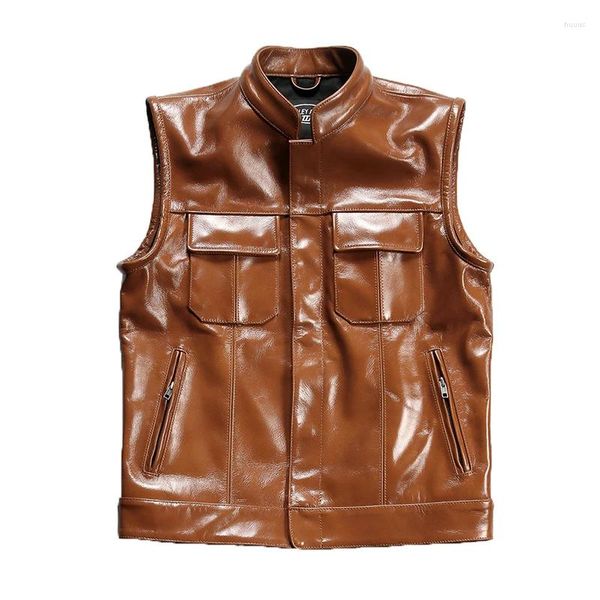 Gilet da uomo Marrone Sport Gilet in vera pelle Vera pelle di mucca Taglie forti Cappotto da moto senza maniche Cerniera Biker Gilet maschile 7XL