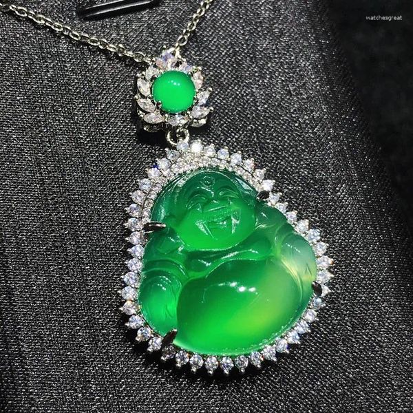 Anhänger Halsketten Bezaubernde natürliche handgemachte S925 Silber eingelegte Smaragd-Buddha-Hochjade-Halskette