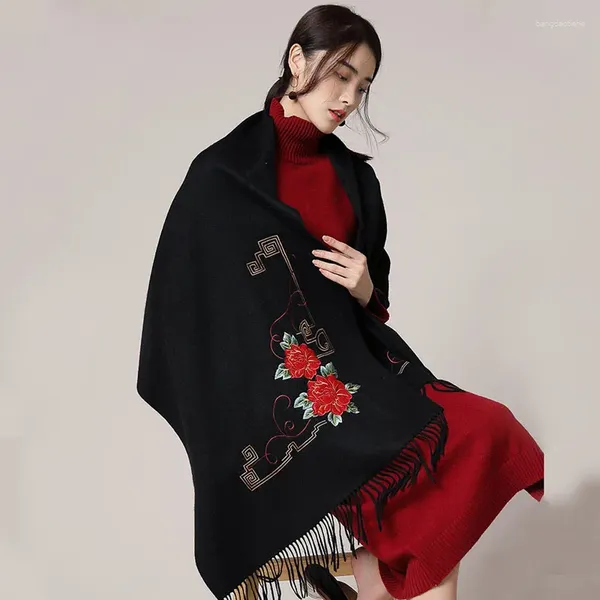 Lenços de lã de ovelha bordado mulheres xale inverno senhora cachecol pashmina outono quente envoltório elegante moda borla luxo retangular