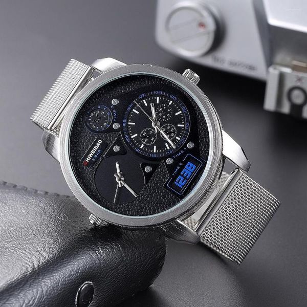 Orologi da polso Orologi di lusso Uomo Quadrante grande Striscia d'acciaio Dual Time Display Army Quartz Military Sport Man Relojes Para Hombre