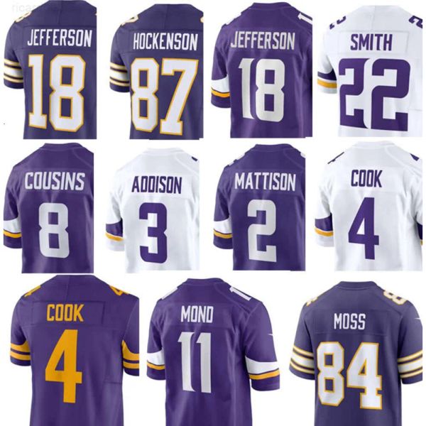 Maglia da calcio Justin Jefferson T.J. Hockenson Harrison Smith Kirk Cousins Randy Moss John Randle Dalvin Cook Maglie da calcio personalizzate per uomo e donna