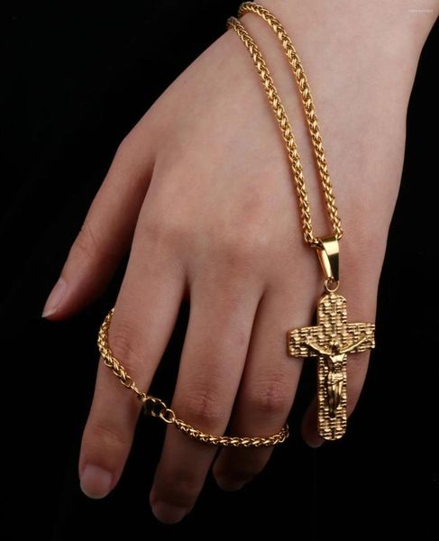 Collane con ciondolo Collana a catena intrecciata in acciaio inossidabile Diyalo Crocifisso Gesù Cristo Croce Regalo di gioielli di preghiera cristiana