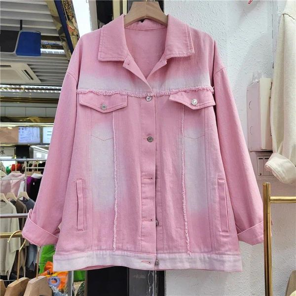 Jaquetas femininas vintage tie-tingido lavado rosa denim casaco mulheres desgastadas rebarbas primavera solta casual lapela manga longa jaqueta feminina jeans