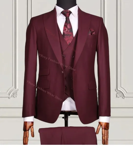 Ternos masculinos borgonha, conjunto completo de 3 peças, vestidos de casamento, noivo, feito sob encomenda, marcas de luxo, jaqueta masculina, calças, blazer, roupa