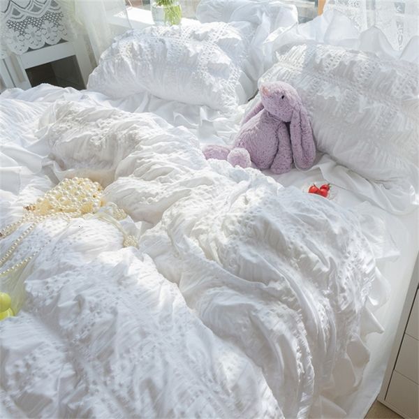 Bedding Sets Corean Princess Seersucker Kawaii Conjunto Lovely Ruffles Girl Duvet Cover Solid Soft confortável cama S 220x240 230422