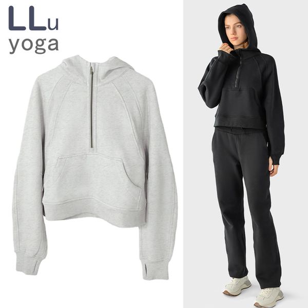 LLu Yogajas Herfst/Winter Dames SCA Classic Hoodie met halve rits Losse pluche Warm Outdoor Hardlopen Winddicht jack Fitness Korte top (met geborduurd logo)