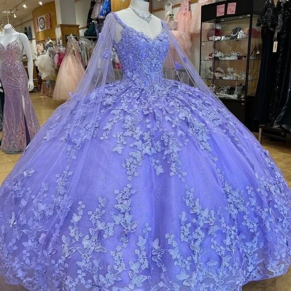 Lavendel glänzende Quinceanera-Kleider, Tüll-Applikation, Schleife, Perlen mit Umhang, Brithday-Tanzparty, süßes 16-Kleid, Vestido de 15 Jahre