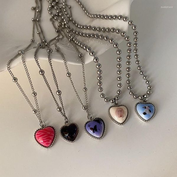 Korean Fashion Heart heart shaped pendant necklace with Zebra Pattern for Women and Girls - Y2K Choker Necklaces, Gothic Aesthetic Jewelry
